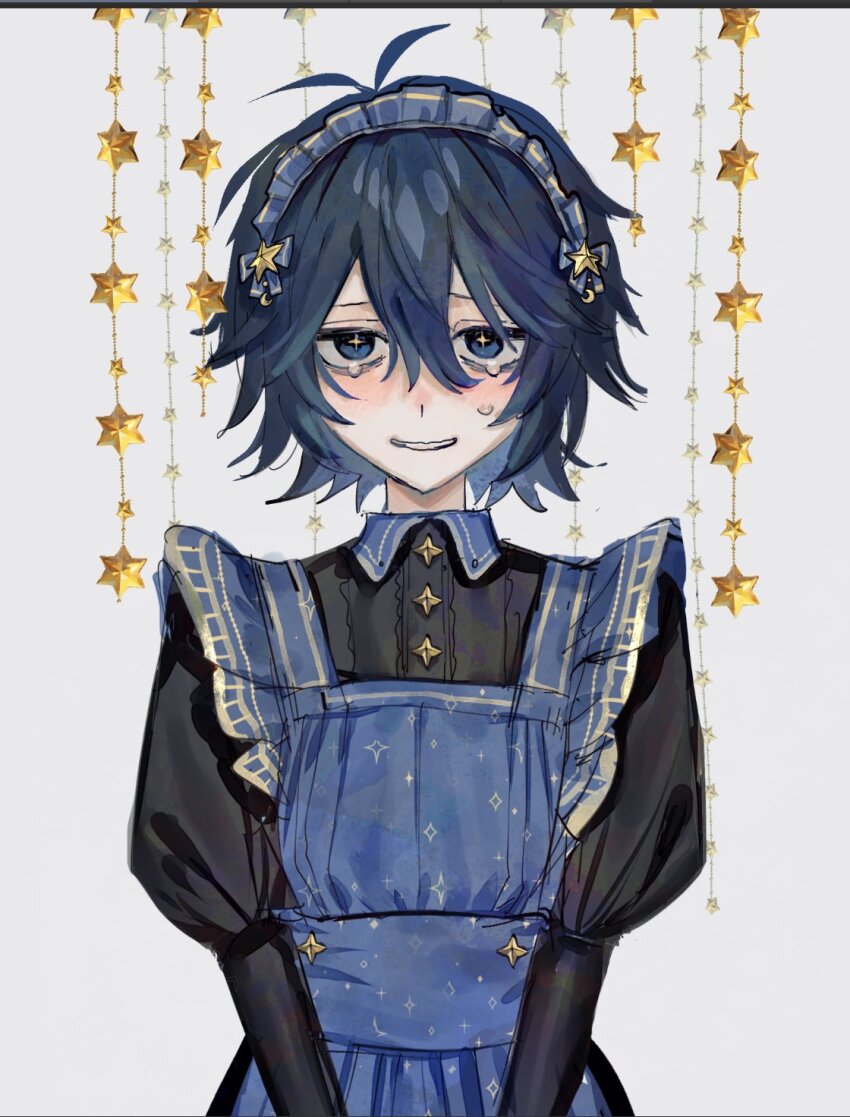 +_+, 1boy, androgynous, antenna_hair, apron, black_dress, blue_apron, blue_eyes, blue_hair, blue_headdress, blush, bright_pupils, center_frills, commentary_request, crossdressing, crossdressing_(mtf), dark_blue_hair, dress, flipped_hair, frilled_apron, frills, grey_background, grin, hair_between_eyes, headdress, highres, juliet_sleeves, long_sleeves, looking_at_viewer, male_focus, miurayukihito, original, puffy_sleeves, short_hair, simple_background, smile, solo, straight-on, sweatdrop, tearing_up, upper_body, v_arms, yellow_pupils