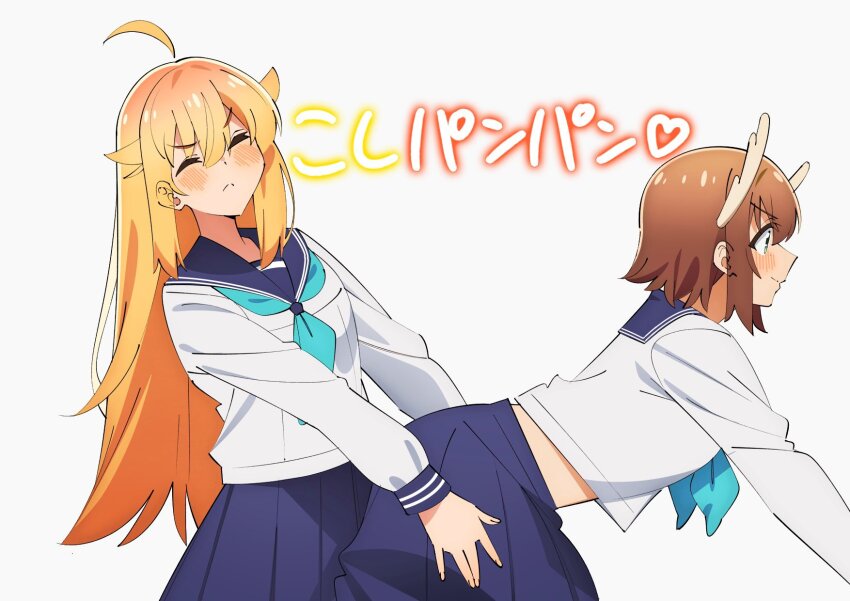 antlers, aqua_neckerchief, blonde_hair, blue_sailor_collar, brown_hair, closed_eyes, closed_mouth, commentary_request, crotch_rub, deer, deer_antlers, deer_girl, dry_humping, frottage, hands_on_another's_thighs, highres, horns, humping, koshi_torako, long_hair, long_sleeves, multiple_girls, neckerchief, pussyjob, sailor_collar, sakura_1110ssmm, school_uniform, serafuku, shikanoko_noko, shikanoko_nokonoko_koshitantan, shirt, short_hair, skirt, translated, white_shirt