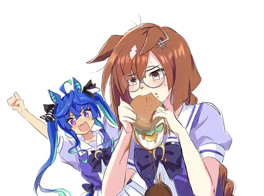 2girls, ahoge, animal_ears, arms_up, asymmetrical_bangs, biting, blue_hair, bow