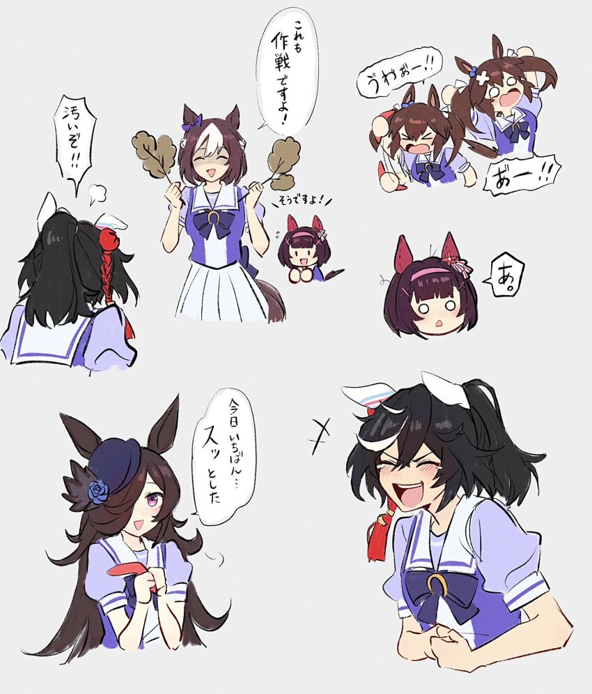 4girls, animal_ears, black_hair, boomerang, bow, bowtie, branch, breasts