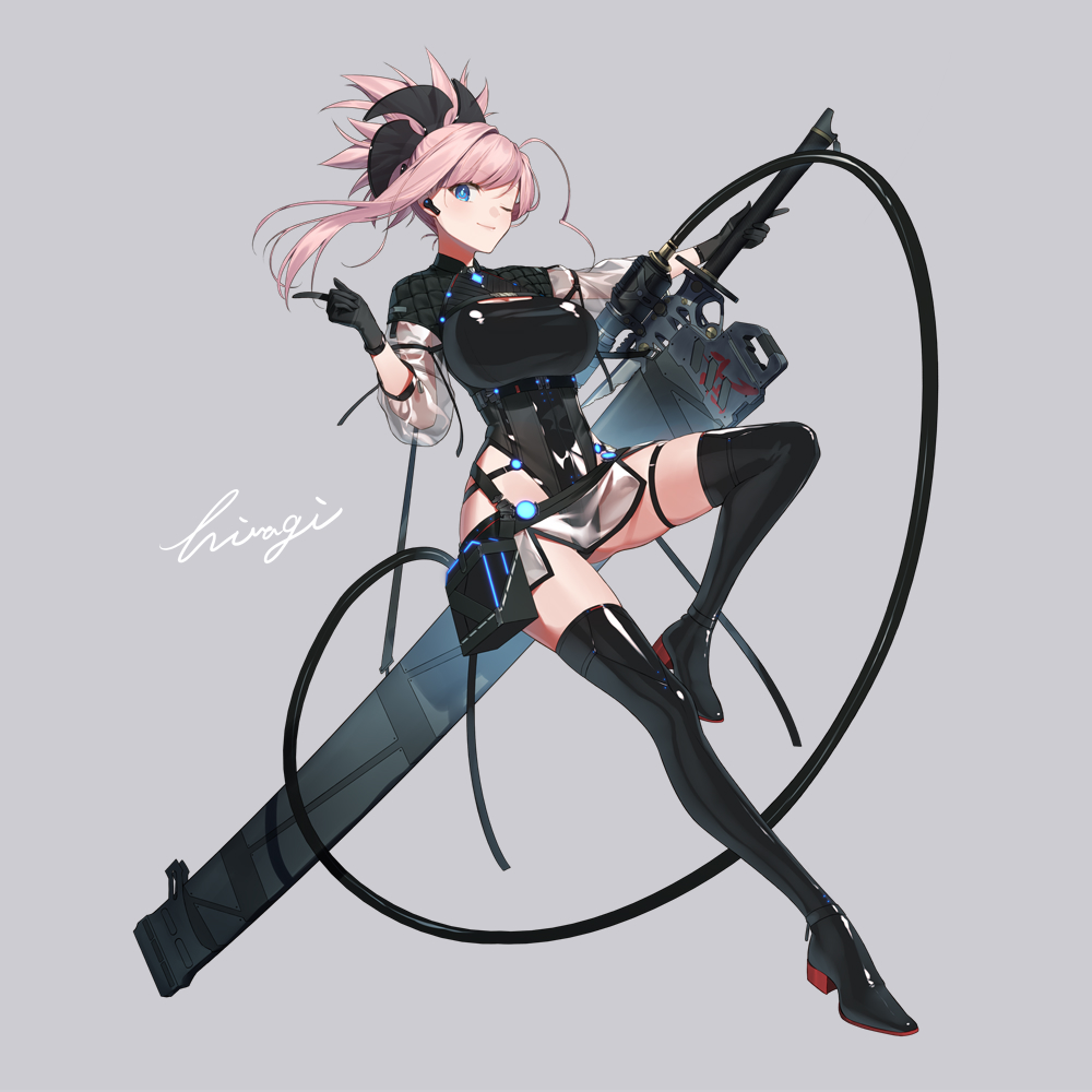 1girl, black_gloves, blue_eyes, commentary_request, fate/grand_order, fate_(series), gloves, grey_background, hair_ornament, hiiragi_(karashriker), index_finger_raised, katana, looking_at_viewer, miyamoto_musashi_(exhibition_attire)_(fate), miyamoto_musashi_(fate), official_alternate_costume, one_eye_closed, pink_hair, ponytail, signature, simple_background, smile, solo, sword, weapon