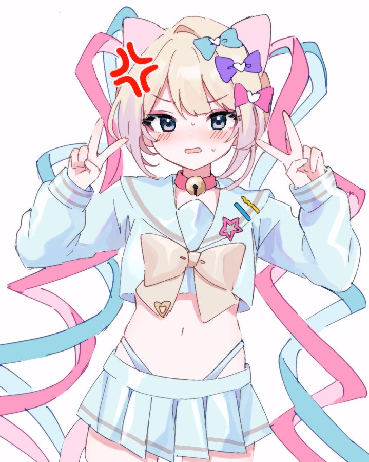 1girl, anger_vein, annoyed, bell, blonde_hair, blue_bow, blue_eyes, blue_ribbon, blue_sailor_collar, blue_shirt, blue_skirt, blush, bow, bowtie, choker, chouzetsusaikawa_tenshi-chan, cowboy_shot, crop_top, dot_nose, double_v, hair_bow, hair_ornament, hair_ribbon, hairclip, highleg, highleg_panties, jingle_bell, kabe_(zp66104), long_sleeves, looking_at_viewer, miniskirt, navel, neck_bell, needy_girl_overdose, nose_blush, panties, pink_bow, pink_choker, pink_ribbon, pleated_skirt, purple_bow, ribbon, sailor_collar, school_uniform, serafuku, shirt, short_hair, sidelocks, simple_background, skirt, sleeve_cuffs, solo, star_(symbol), stomach, sweat, thighs, underwear, v, v-shaped_eyebrows, white_background, yellow_bow, yellow_bowtie