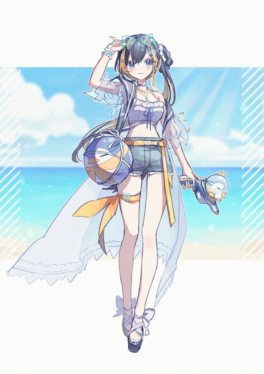 1girl, absurdres, adjusting_eyewear, alternate_costume, asymmetrical_hair, ball, bare_legs, bare_shoulders