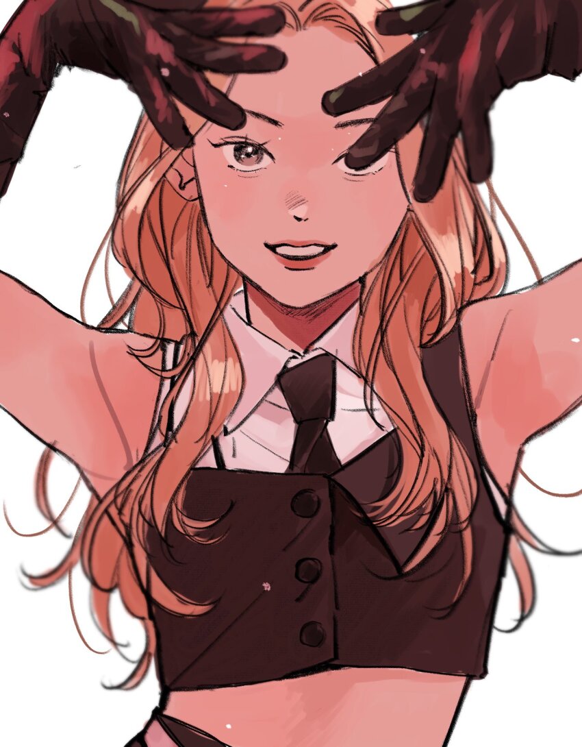 1girl, black_eyes, black_gloves, black_necktie, black_vest, blonde_hair, coinme429, collared_shirt, gloves, highres, iida_shizuku, me:i, necktie, one_eye_covered, parted_lips, pink_eyes, real_life, shirt, simple_background, sleeveless, sleeveless_shirt, smile, solo, upper_body, vest, white_background, white_shirt