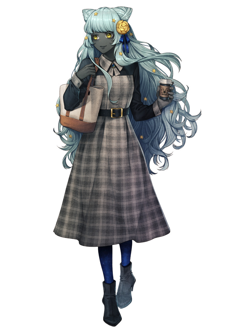 1girl, bag, black_footwear, black_skin, blue_hair, blue_pantyhose, brooch, chain_paradox