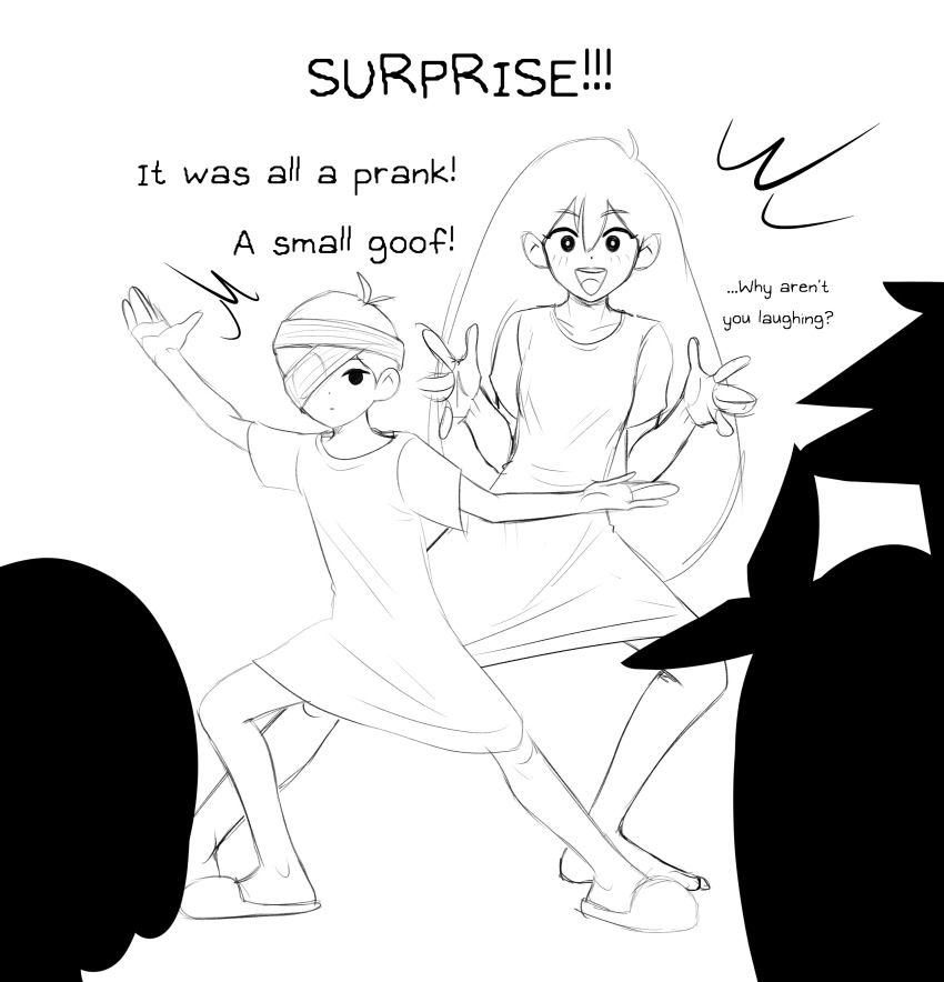 2girls, 3boys, absurdres, aubrey_(faraway)_(omori), aubrey_(omori), blush, bright_pupils, cabronpr, english_text, expressionless, eyepatch, greyscale, hero_(faraway)_(omori), hero_(omori), highres, hospital_gown, kel_(faraway)_(omori), kel_(omori), long_hair, looking_at_viewer, mari_(faraway)_(omori), mari_(omori), medical_eyepatch, monochrome, multiple_boys, multiple_girls, omori, open_mouth, short_hair, short_sleeves, silhouette, sketch, slippers, smile, spoilers, sunny_(hospital_gown)_(omori), sunny_(omori), teeth, upper_teeth_only, white_pupils