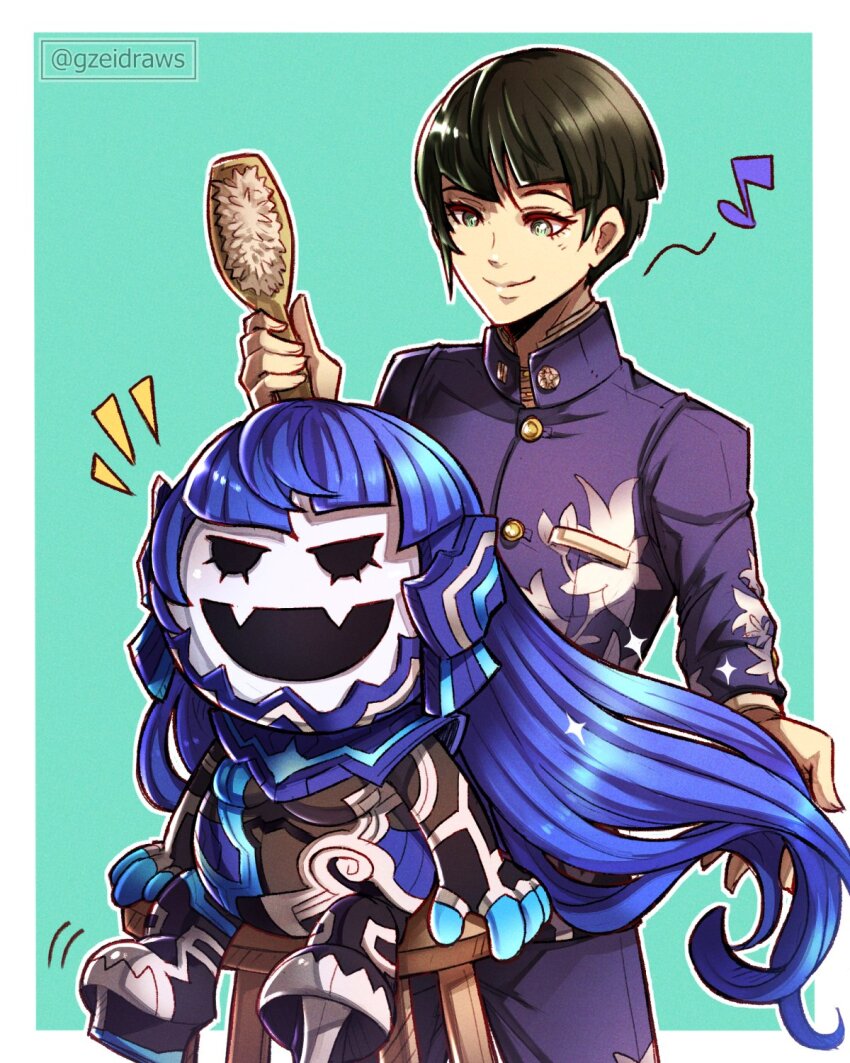 1boy, aqua_background, artist_name, black_hair, blue_hair, border, closed_mouth, commentary