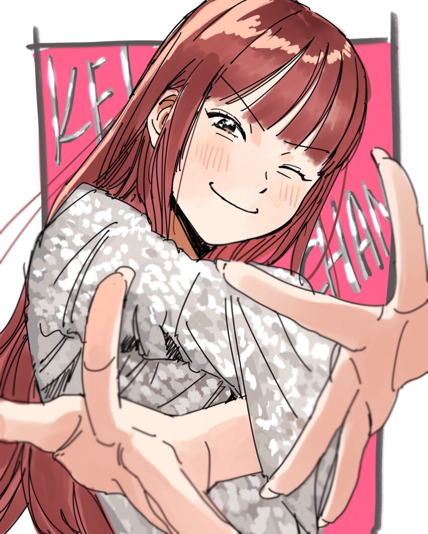 1girl, animification, blush, border, brown_eyes, coinme429, grey_shirt, hair_behind_ear