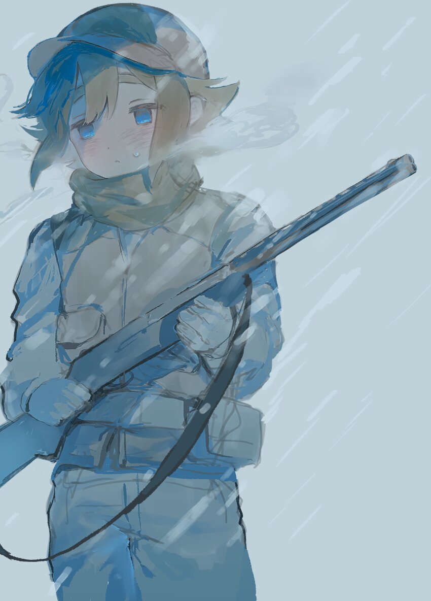 1boy, absurdres, alternate_costume, basil_(faraway)_(omori), basil_(omori), blonde_hair, blue_eyes, breath
