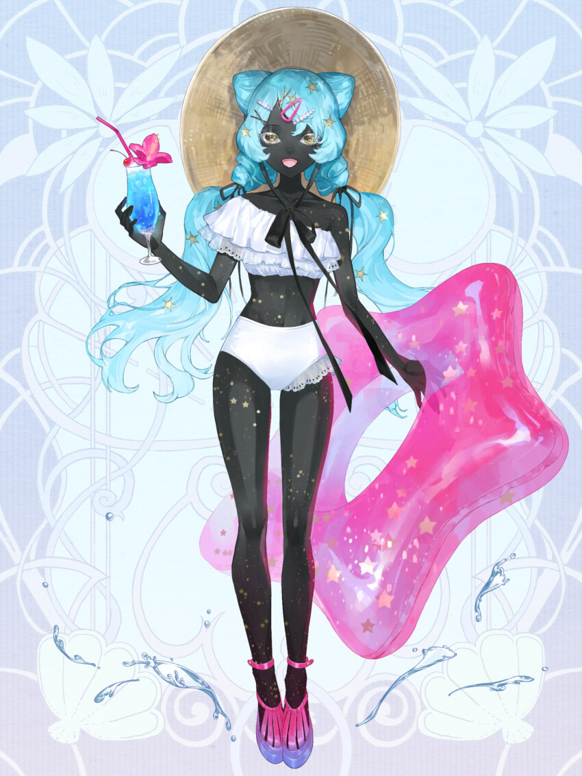 1girl, :d, bikini, black_skin, blue_background, breasts, chain_paradox, colored_skin, double_bun, drink, drinking_straw, flower, frilled_bikini, frills, full_body, hair_bun, hair_ornament, hairclip, highres, holding, holding_drink, holding_swim_ring, innertube, kao_o0, long_hair, looking_at_viewer, mira_tenebrae, navel, open_mouth, pink_sandals, sandals, small_breasts, smile, solo, standing, star_(symbol), star_hair_ornament, swim_ring, swimsuit, very_long_hair, white_bikini, yellow_eyes
