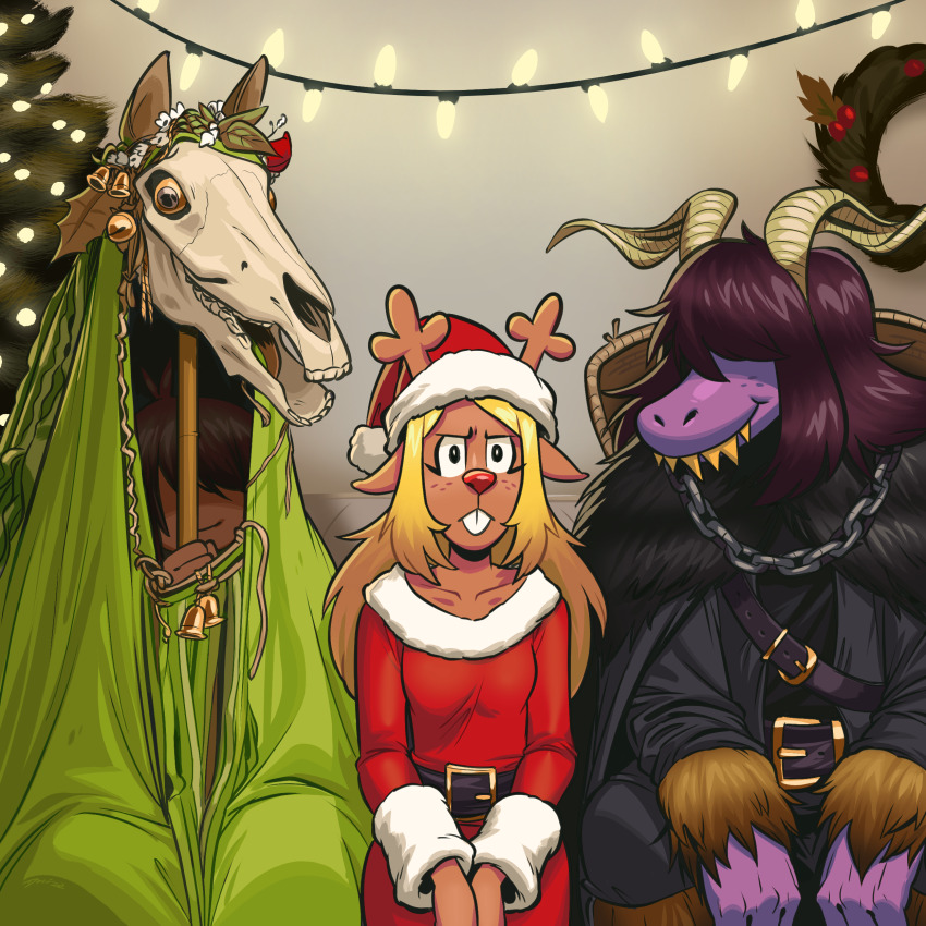 1other, 2girls, absurdres, angusburgers, animal_skull, antlers, belt, breasts, buck_teeth, chain, christmas, christmas_lights, christmas_tree, colored_skin, deltarune, dress, equine_skull, fake_horns, frown, hat, highres, hobby_horse, horns, horns_through_headwear, indoors, krampus, kris_(deltarune), mari_lwyd, multiple_girls, noelle_holiday, purple_skin, red_dress, reindeer_antlers, reindeer_girl, santa_costume, santa_dress, santa_hat, sharp_teeth, susie_(deltarune), teeth, unamused, utdr_(toby_fox)