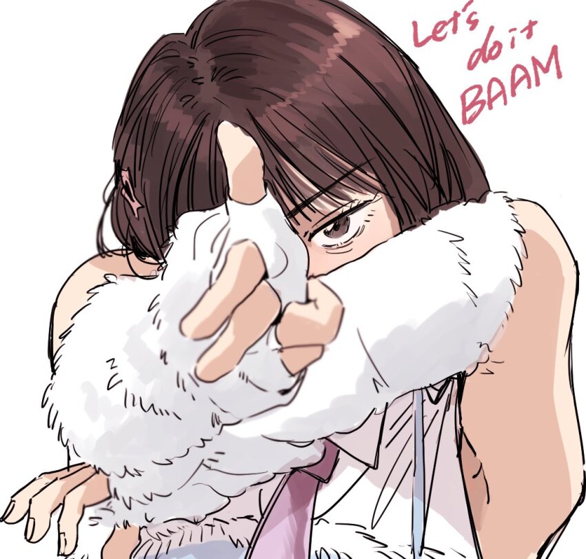 1girl, blue_camisole, brown_eyes, brown_hair, camisole, coinme429, collared_shirt, english_text, finger_gun, fingerless_gloves, fur_gloves, fur_trim, gloves, ishii_ran, me:i, necktie, one_eye_covered, purple_necktie, real_life, shirt, sleeveless, sleeveless_shirt, solo, white_gloves, white_shirt