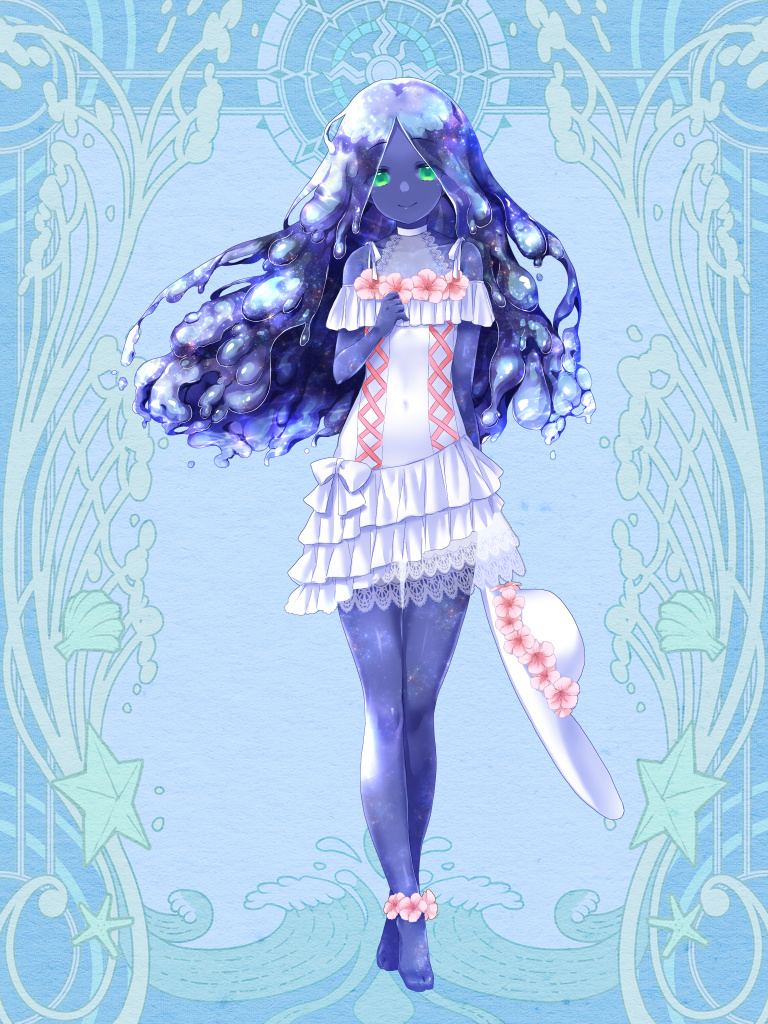 1girl, aigurei_blue, aqua_eyes, barefoot, blue_background, blue_skin, bow, colored_skin