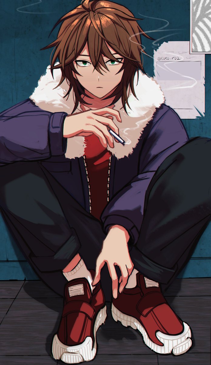 1boy, black_pants, blue_jacket, brown_hair, closed_mouth, commentary_request, expressionless, fur-trimmed_jacket, fur_trim, green_eyes, hair_between_eyes, highres, isoi_reiji, jacket, korean_commentary, long_sleeves, looking_at_viewer, male_focus, medium_hair, open_clothes, open_jacket, pants, red_shirt, red_shoes, saibou_shinkyoku, sanpaku, shirt, shoes, smoke, sneakers, socks, solo, squatting, tuto_r02, white_socks