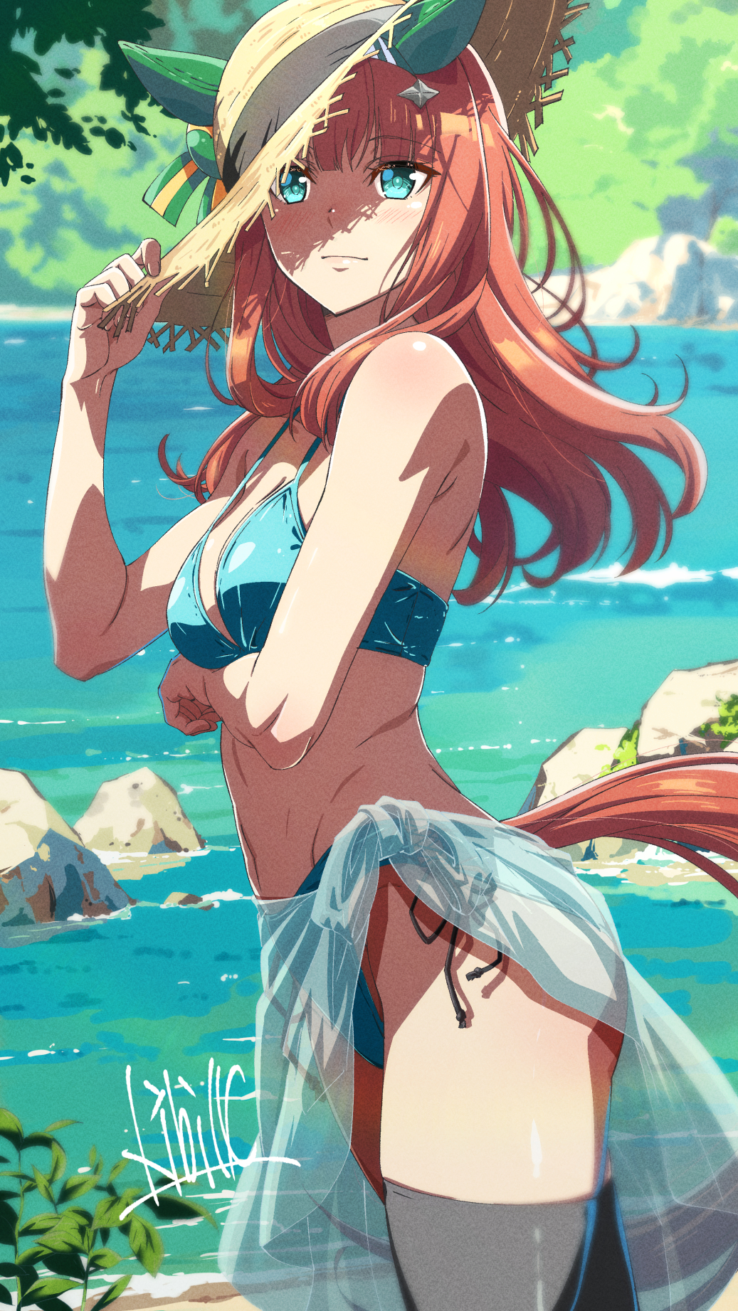 1girl, animal_ears, aqua_bikini, beach, bikini, blunt_bangs, breasts, cowboy_shot