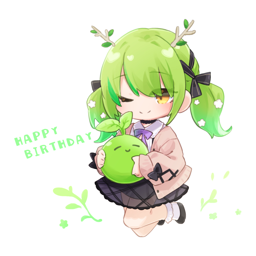 1girl, antlers, bow, bowtie, cardigan, ceres_fauna, ceres_fauna_(jirai_kei), chibi