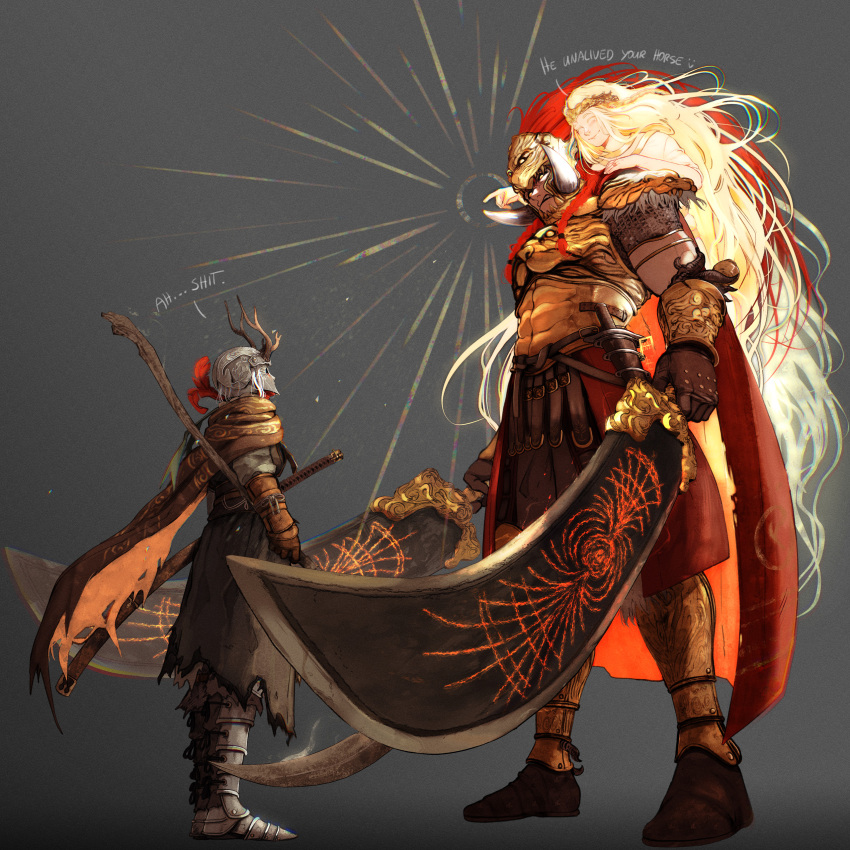 1other, 2boys, ^_^, absurdres, androgynous, angry, armor, black_sclera