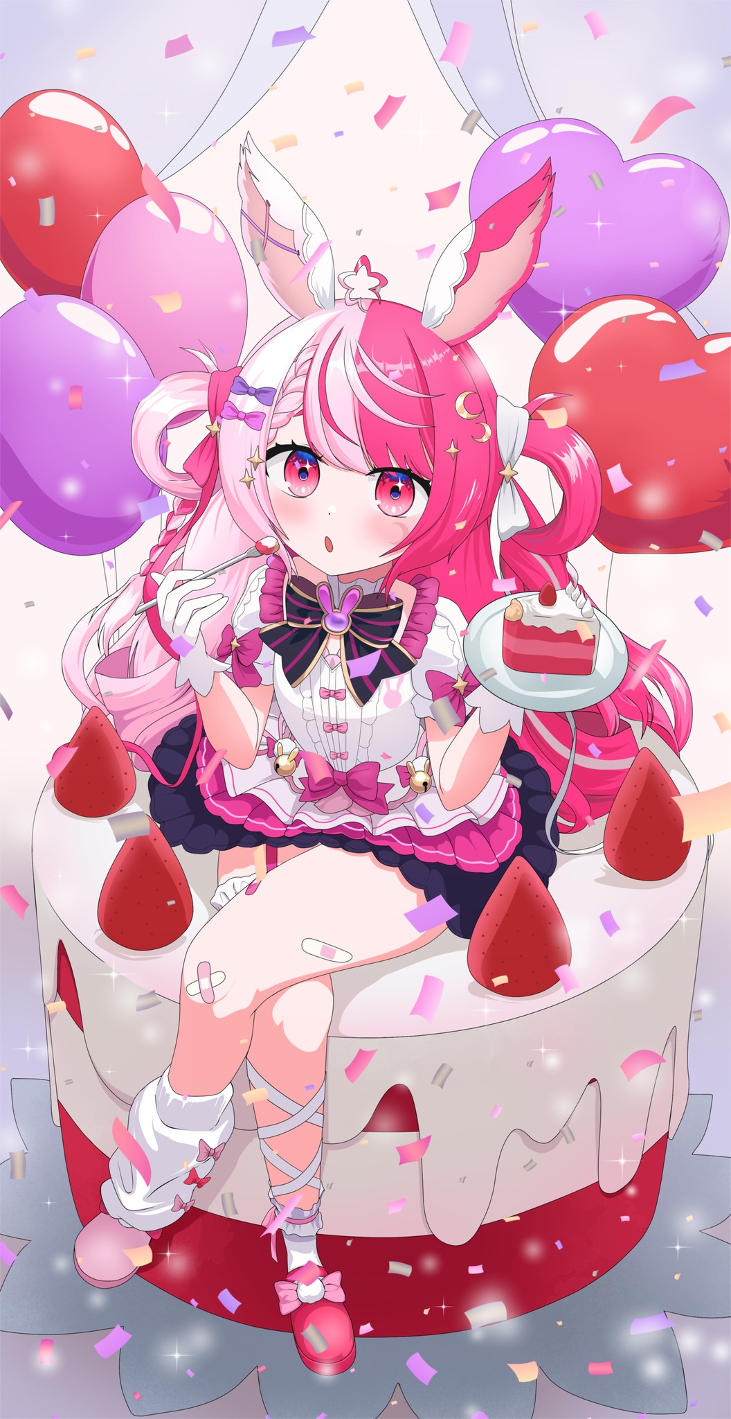 1girl, :o, animal_ears, ankle_garter, asymmetrical_footwear, asymmetrical_legwear, balloon, bell