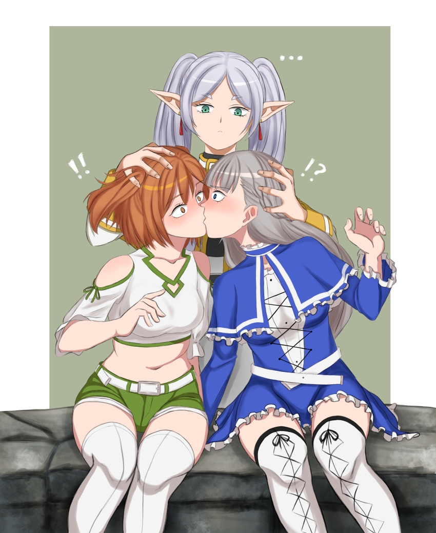 !, 3girls, ?, absurdres, blue_eyes, blush, braid, breasts, cross-laced_footwear, dress, earrings, forced_kiss, frieren, frilled_dress, frills, green_eyes, grey_hair, highres, jewelry, kanne_(sousou_no_frieren), kiss, krita_(medium), lawine_(sousou_no_frieren), long_hair, medium_breasts, multiple_girls, navel, orange_eyes, orange_hair, paldur, pointy_ears, short_hair, sousou_no_frieren, thighhighs, twintails, white_hair, yuri, zettai_ryouiki