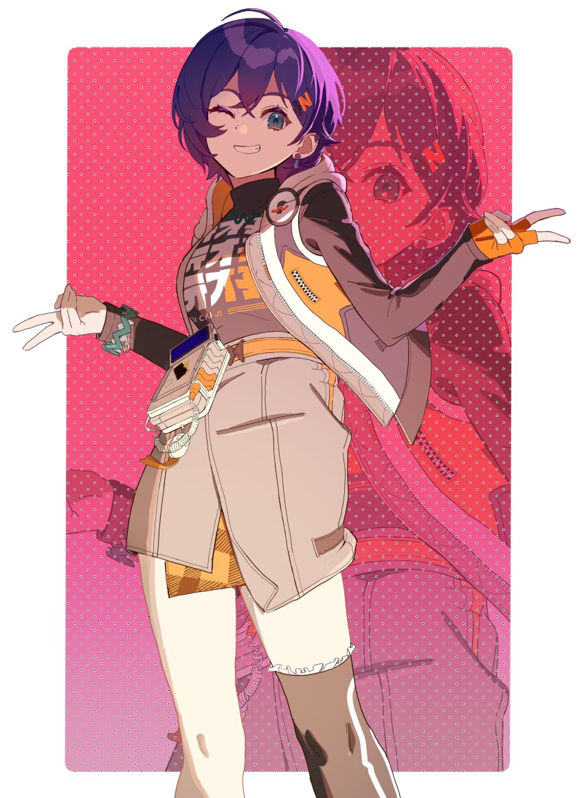 1girl, absurdres, ashamutoki, belle_(zenless_zone_zero), belt, black_shirt, crossed_bangs, double_v