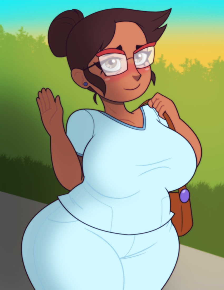 1girl, bag, blush, breasts, brown_hair, camila_noceda, dark-skinned_female, dark_skin