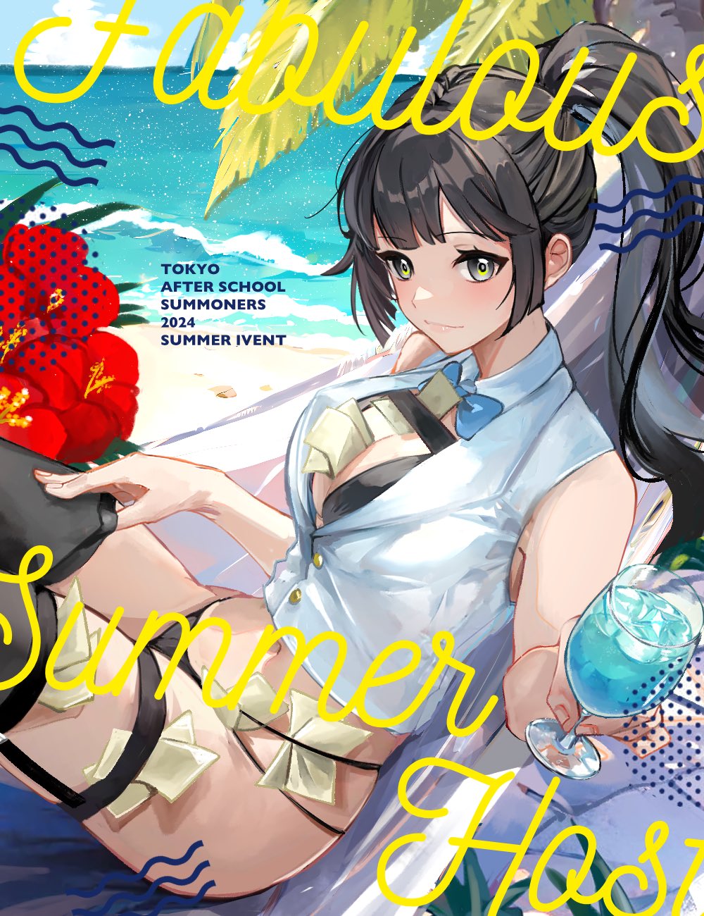 1girl, 2024, beach, bikini, black_bikini, black_hair, black_thighhighs, blue_bow