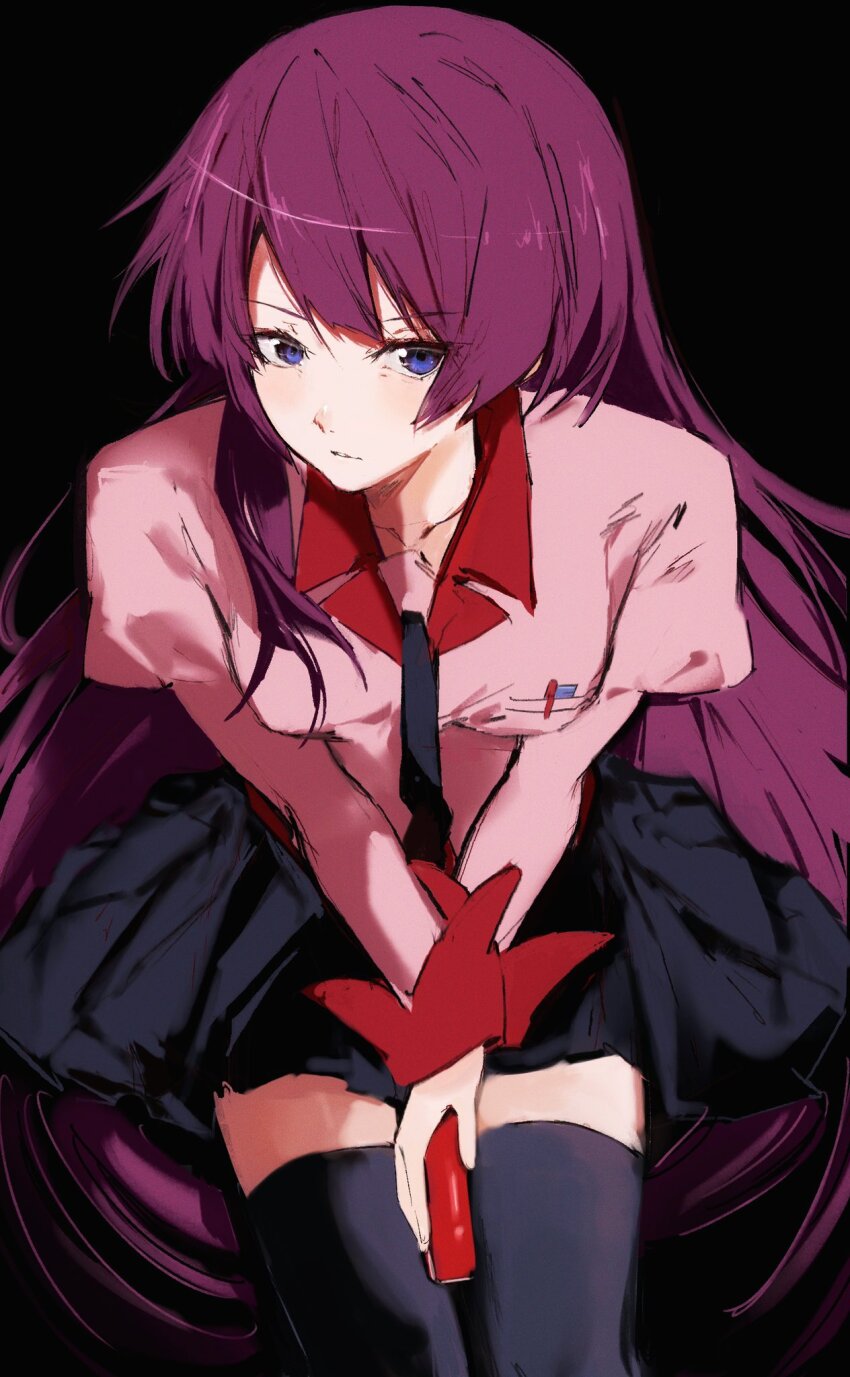 1girl, bakemonogatari, black_background, black_necktie, black_skirt, black_thighhighs, blue_eyes, blush