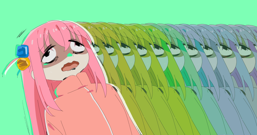 1girl, afterimage, billyonthestraw, bocchi_the_rock!, cube_hair_ornament, cyberpunk_(series), cyberpunk:_edgerunners, gotoh_hitori