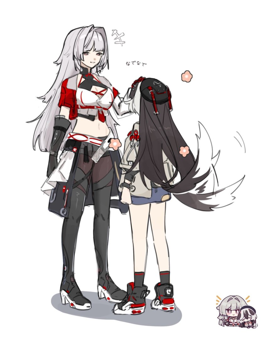 +++, 2girls, black_gloves, black_hair, black_hat, brown_jacket, coralie_6626_planck, coralie_6626_planck_(valkyrie_blastmetal), erdos_helia, erdos_helia_(valkyrie_boltstorm), gloves, grey_hair, hair_intakes, hat, highres, honkai_(series), honkai_impact_3rd, jacket, long_hair, multicolored_hair, multiple_girls, navel, petting, reference_inset, sho_2nini, shoes, simple_background, skirt, smile, sneakers, tail, tail_wagging, translated, two-tone_hair, white_background, white_hair