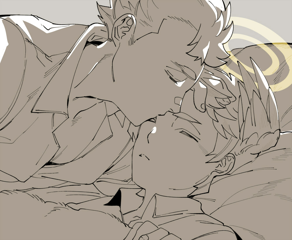 2boys, bandaid, bandaid_on_face, bandaid_on_nose, closed_eyes, collared_shirt, double_halo, grey_background