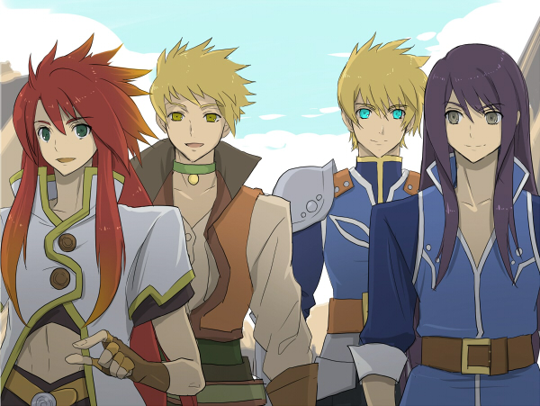 00s, 4boys, aqua_eyes, armor, bad_id, bad_pixiv_id, blonde_hair, blue_eyes, brown_eyes, choker, crossover, flynn_scifo, flynn_scifo_(fedrock_knight's_honor), gloves, guy_cecil, in-franchise_crossover, long_hair, luke_fon_fabre, male_focus, multiple_boys, official_alternate_costume, outdoors, purple_hair, red_hair, sky, smile, tales_of_(series), tales_of_the_abyss, tales_of_vesperia, uniform, yamato_(f&amp;m), yellow_eyes, yuri_lowell