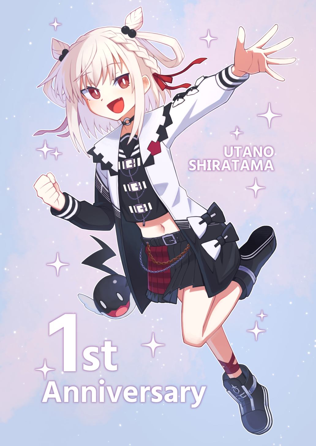 1girl, black_footwear, black_shirt, black_skirt, braid, bright_pupils, brown_eyes, character_name