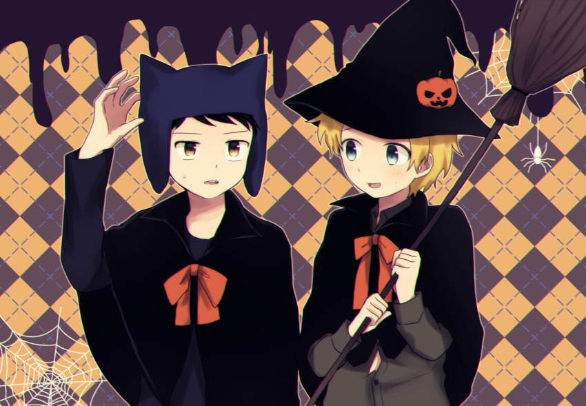 2boys, animal_ears, animal_hat, animification, argyle_background, black_hair, blonde_hair, blue_eyes, broom, brown_eyes, bug, button_gap, capelet, cat_hat, craig_tucker, fake_animal_ears, halloween, hand_up, hat, hat_ornament, holding, holding_broom, jack-o'-lantern_hat_ornament, long_sleeves, looking_to_the_side, male_focus, multiple_boys, open_mouth, ribbon, short_hair, silk, smile, south_park, spider, spider_web, sweat, tohachi, tweek_tweak, witch_hat