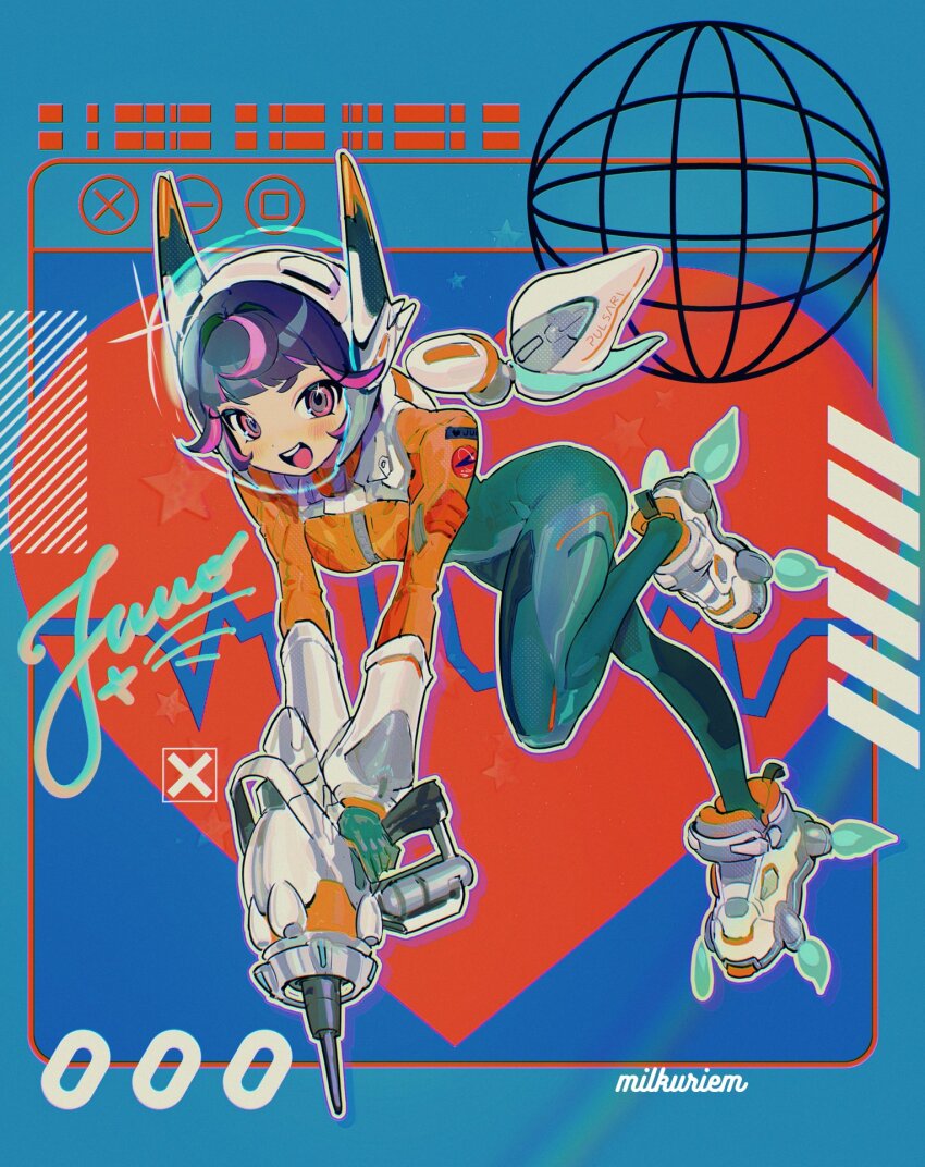 1girl, artist_name, boots, breasts, commentary, english_commentary, flying, gun, helmet, highres, holding, holding_gun, holding_weapon, juno_(overwatch), looking_at_viewer, medium_breasts, medium_hair, milkuriem, multicolored_hair, open_mouth, orb, overwatch, overwatch_2, pink_eyes, pink_hair, purple_hair, smile, solo, space_helmet, teeth, upper_teeth_only, weapon, white_boots