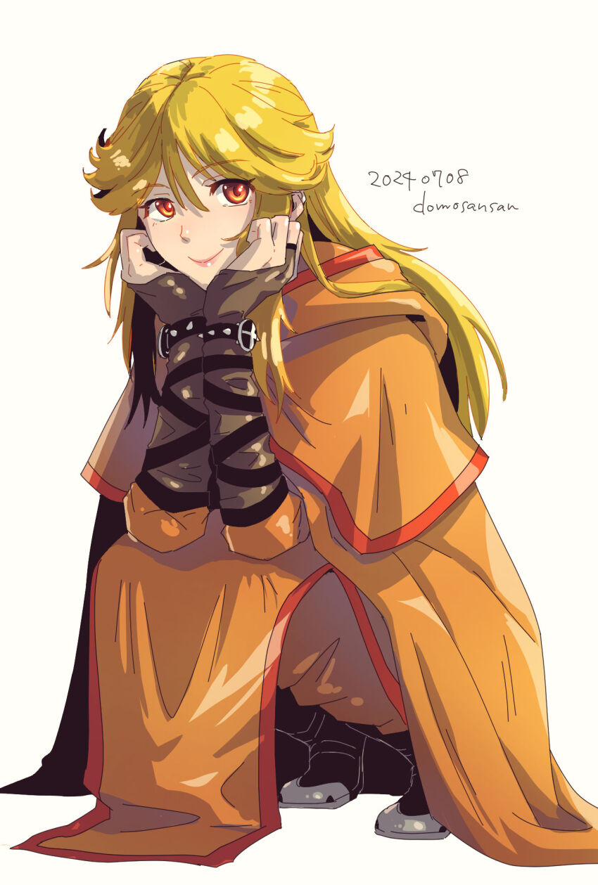 1girl, artist_name, black_boots, blonde_hair, boots, commentary_request, dated, dress, highres, megami_tensei_ii, orange_dress, orange_eyes, partner_(megami_tensei_ii), shinabita_nasubi, simple_background, smile, solo, squatting, twitter_username, white_background