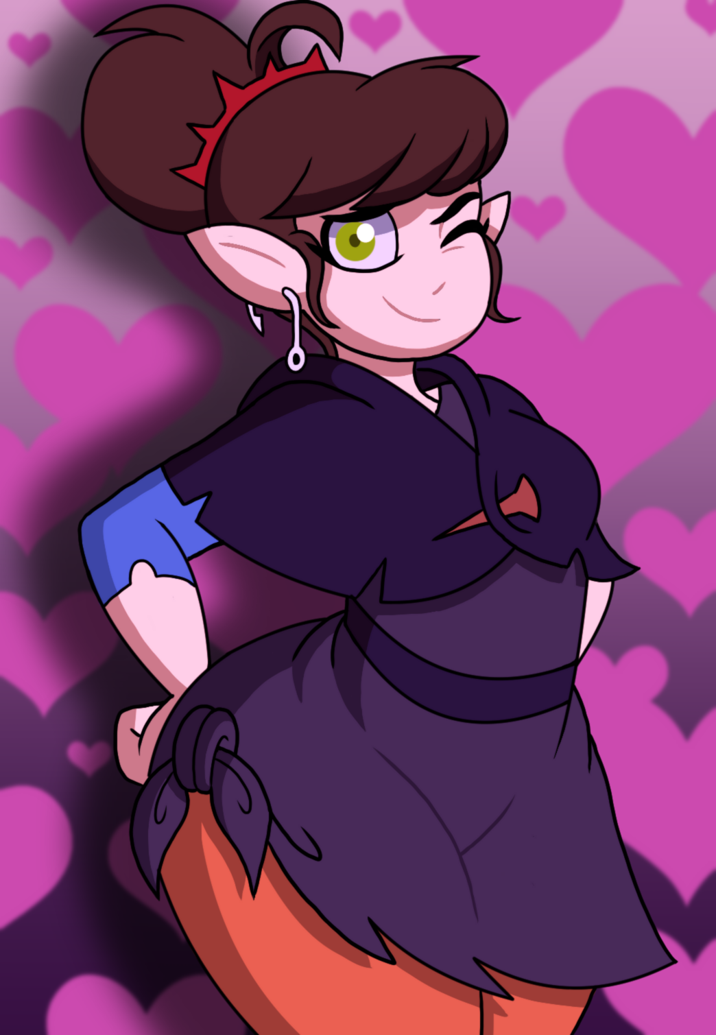 brown_hair, ear_piercing, eyelashes, green_eyes, hair_bun, highres, legs, looking_at_viewer, one_eye_closed, piercing, pointy_ears, school_uniform, single_hair_bun, smile, the_owl_house, thick_eyelashes, thick_thighs, thighs, tonyneely, viney_(the_owl_house)