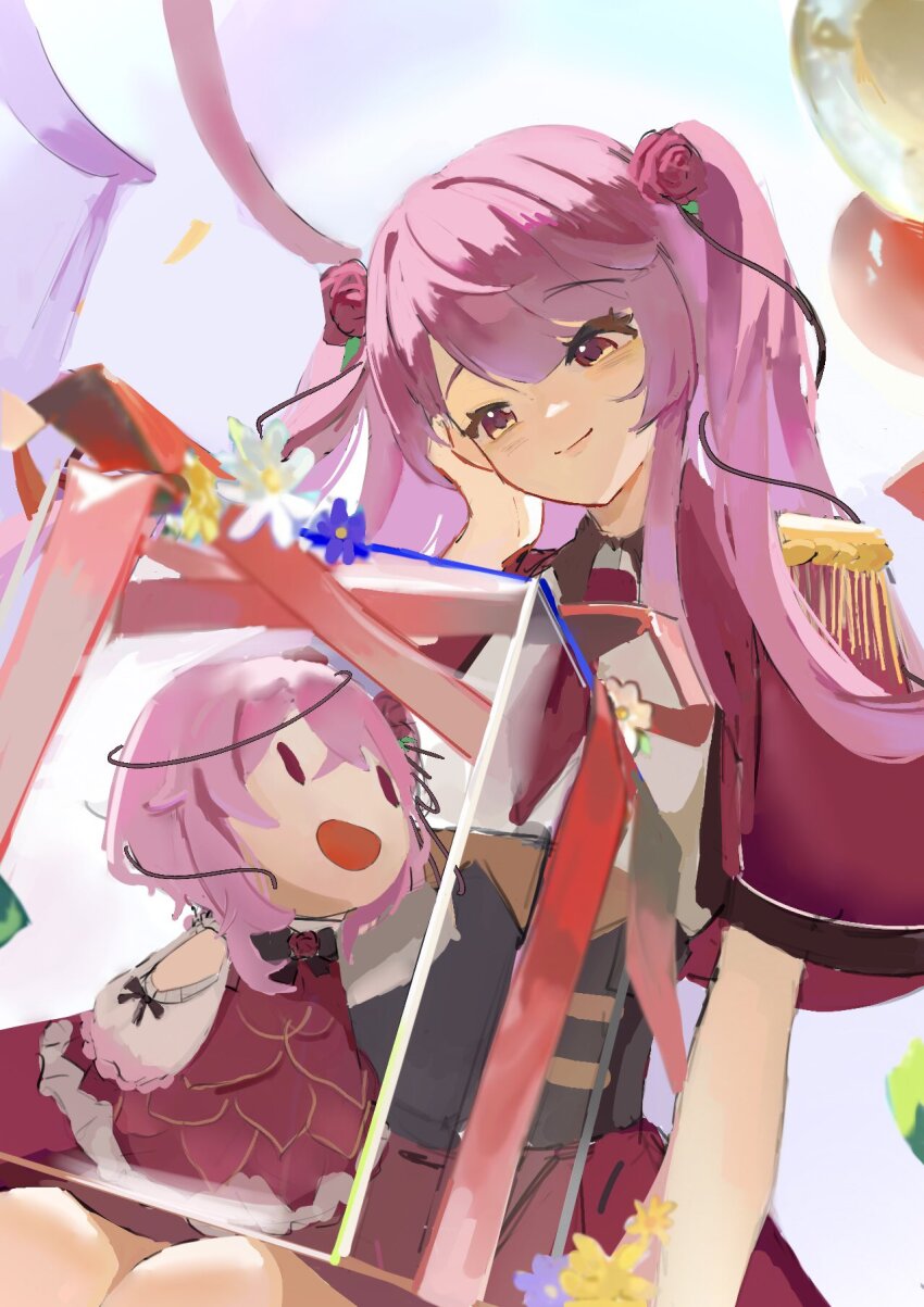 1girl, balloon, blush, character_doll, closed_mouth, confetti, doll, flower, gift, hair_between_eyes, hair_flower, hair_ornament, hair_vines, highres, light_smile, long_hair, lsm, nijisanji, nijisanji_en, open_mouth, pink_hair, red_eyes, red_flower, red_rose, rose, rosemi_lovelock, rosemi_lovelock_(1st_costume), rosemi_lovelock_(military), see-through_clothes, sitting, streamers, twintails, virtual_youtuber