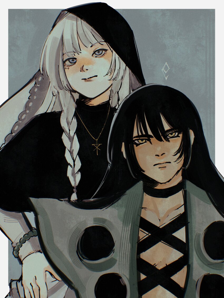 1boy, 1girl, absurdres, bador_vlad_(choujin_x), black_choker, black_hair, braid, choker