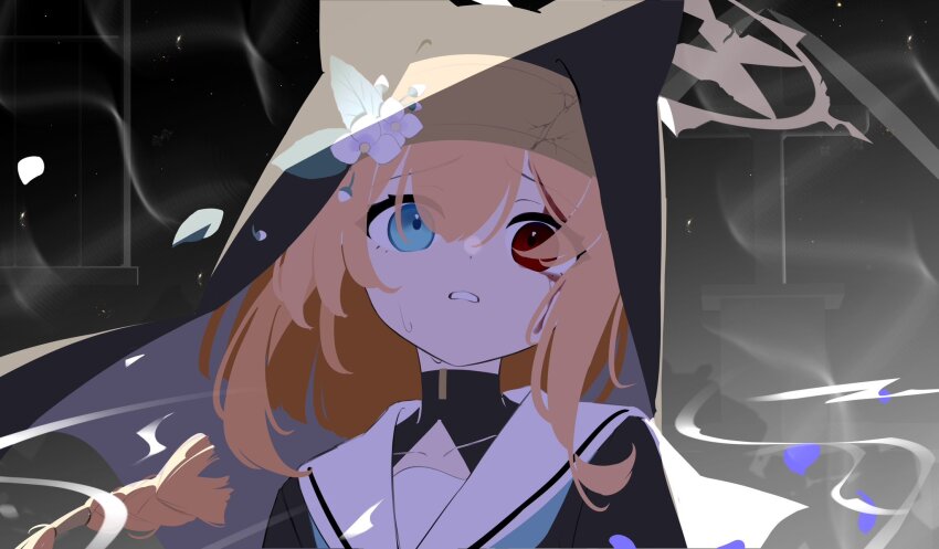 1girl, alternate_eye_color, aoitsuki, blood, blood_from_forehead, bloody_tears, blue_archive, broken_halo