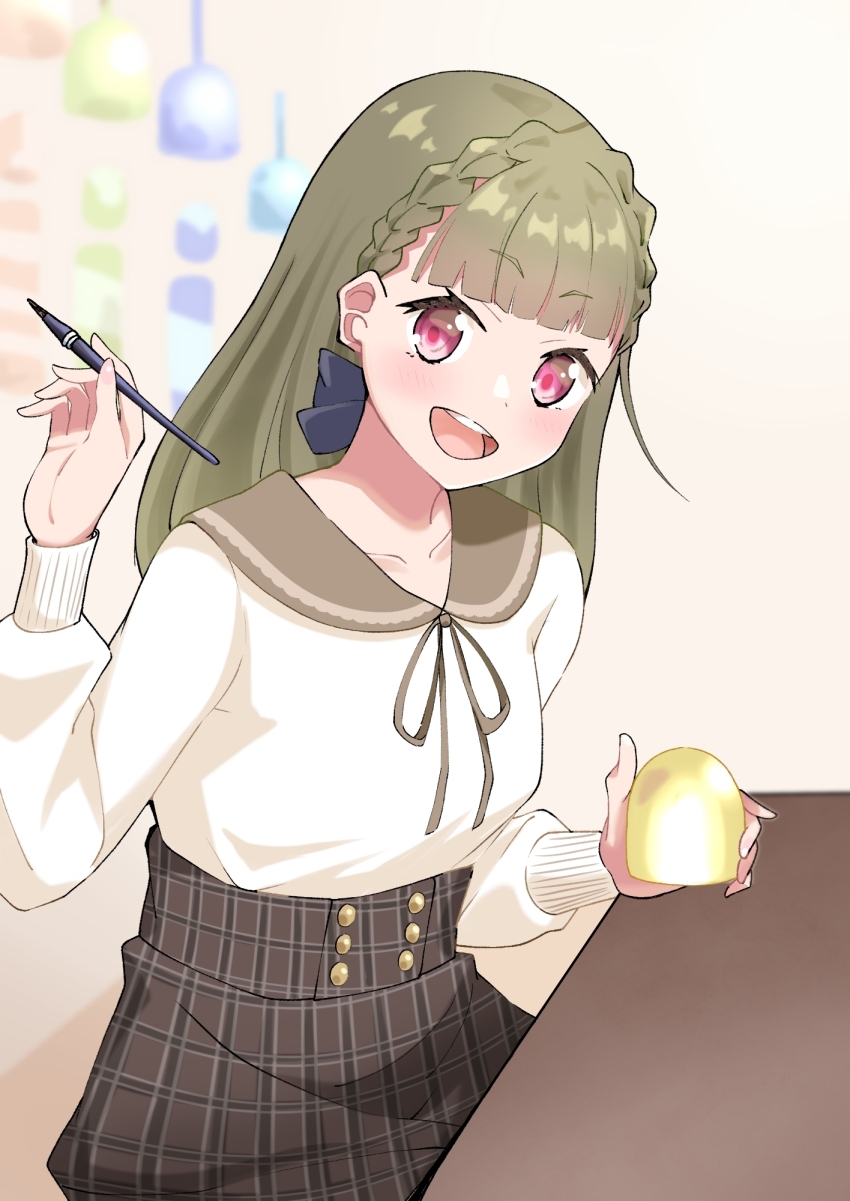 1girl, :d, art_brush, blurry, blurry_background, blush, braid, breasts