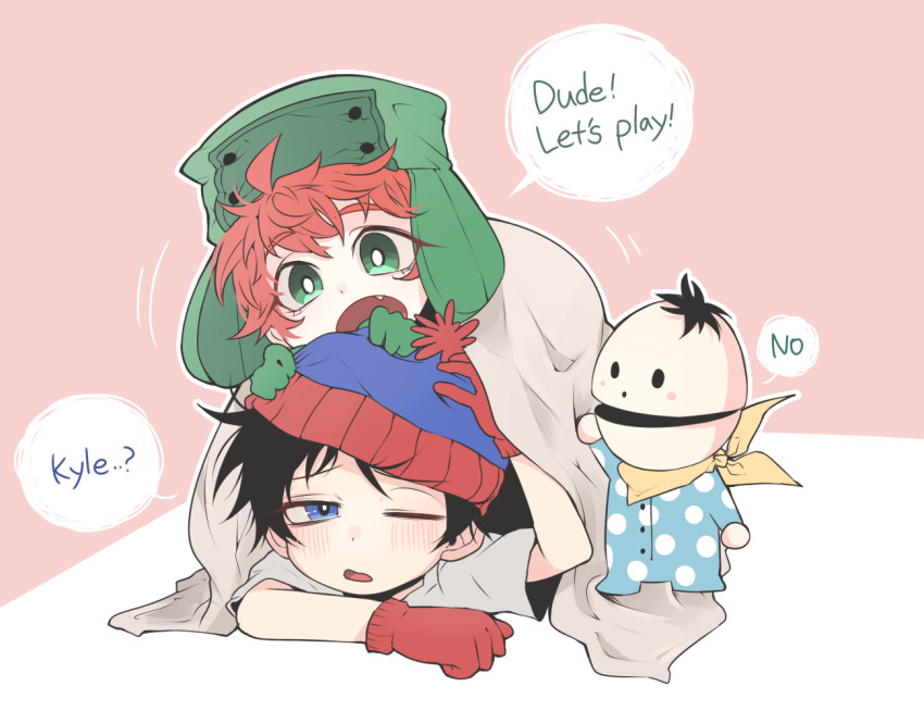 3boys, ahoge, animification, beanie, black_hair, blanket, blue_eyes, blush