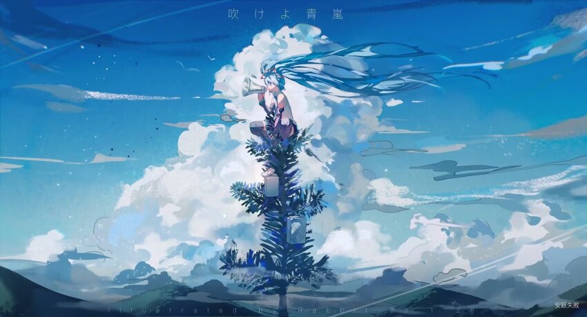 1girl, absurdly_long_hair, artist_name, bare_shoulders, black_boots, black_skirt, black_sleeves, blue_eyes, blue_hair, blue_necktie, blue_sky, boots, cloud, cloudy_sky, collared_shirt, cumulonimbus_cloud, dated, day, detached_sleeves, floating_hair, hair_between_eyes, hatsune_miku, highres, holding, holding_megaphone, in_tree, jiatu, long_hair, long_sleeves, looking_ahead, megaphone, miniskirt, necktie, outdoors, pleated_skirt, procreate_(medium), profile, shirt, sitting, sitting_in_tree, skirt, sky, sleeveless, sleeveless_shirt, solo, speaker, thigh_boots, thighhighs, tree, twintails, very_long_hair, vocaloid, watermark, white_shirt, wide_shot, zettai_ryouiki