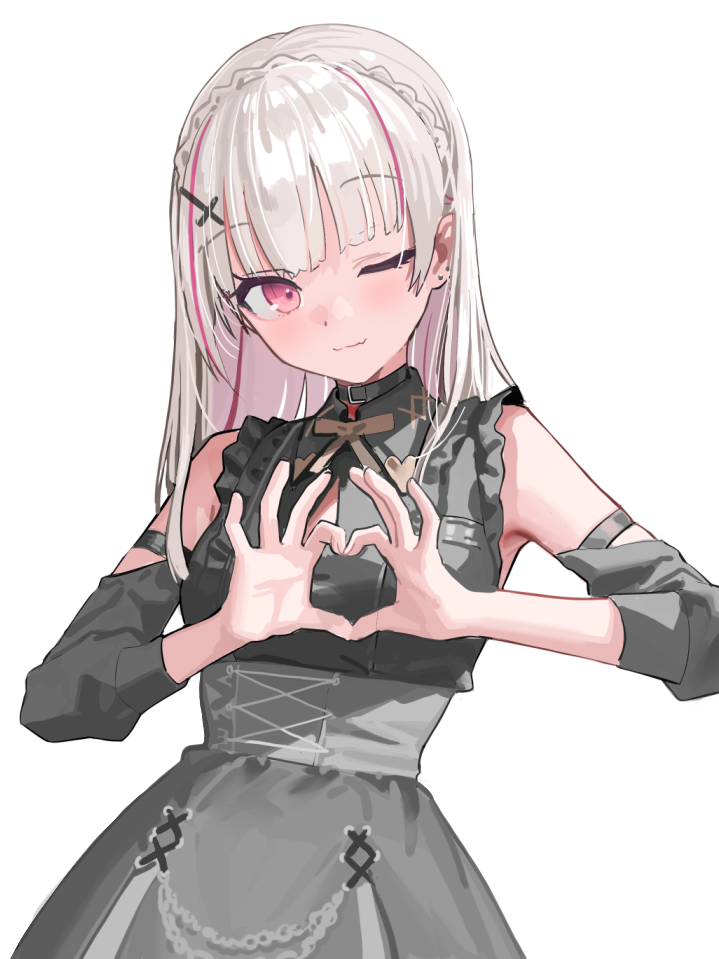 1girl, asumi_sena, asumi_sena_(3rd_costume), bare_shoulders, black_shirt, black_skirt, black_sleeves, blush, bow, bowtie, cattleya_regina_games, closed_mouth, cowboy_shot, cross_hair_ornament, detached_sleeves, earrings, frilled_shirt, frills, grey_bow, grey_bowtie, hair_ornament, heart, heart_hands, high-waist_skirt, jewelry, kanzarin, long_hair, long_sleeves, looking_at_viewer, multicolored_hair, one_eye_closed, open_hands, pink_eyes, red_hair, shirt, shirt_tucked_in, simple_background, skirt, sleeveless, sleeveless_shirt, smile, solo, streaked_hair, stud_earrings, virtual_youtuber, vspo!, white_background, white_hair