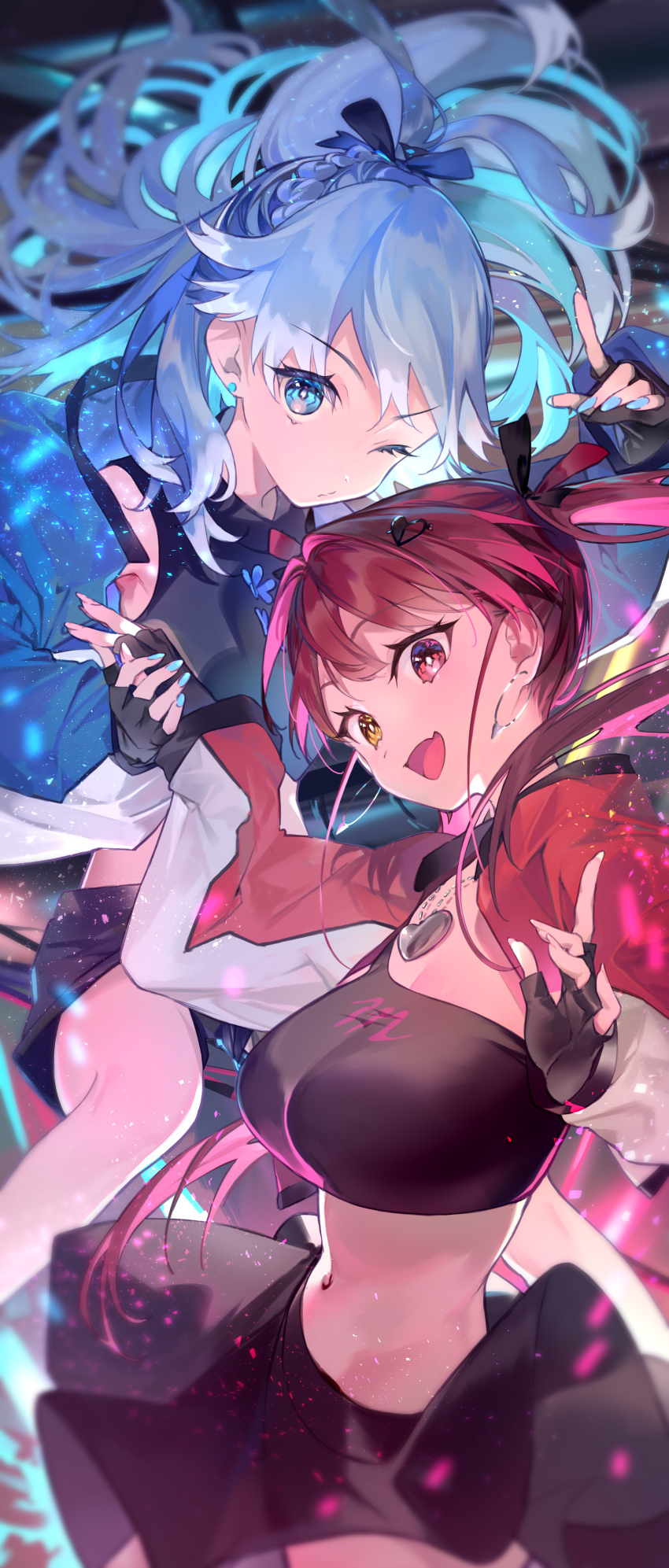 2girls, absurdres, amana_(pocketkey), black_gloves, black_skirt, black_tube_top, blue_hair, blue_jacket