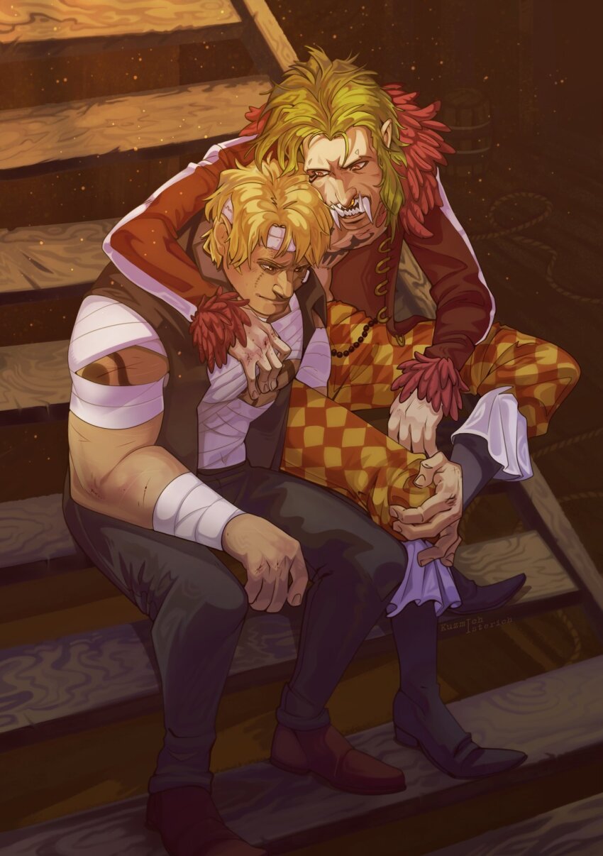 2boys, bandaged_head, bandages, bartolomeo, bellamy_(one_piece), blonde_hair, coat, comforting