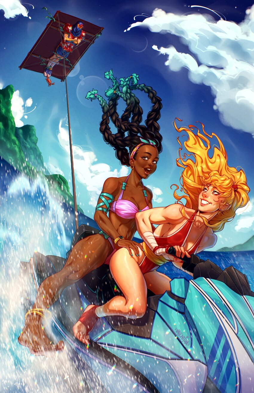 1boy, 2girls, absurdres, adapted_costume, bikini, black_hair, blue_sky, breasts, capcom, captain_commando, cleavage, colored_tips, crab, crossed_arms, driving, final_fight, final_fight_2, genryuusai_maki, hawaiian_shirt, highres, jet_ski, kimberly_jackson, kite, mask, midair, mouth_mask, multicolored_hair, multiple_girls, ninja, ninja_mask, ponytail, riding, shirt, shou_(captain_commando), sky, street_fighter, street_fighter_6, swimsuit, thighs, toned, toned_female, valentina_tavolilla, water, watercraft