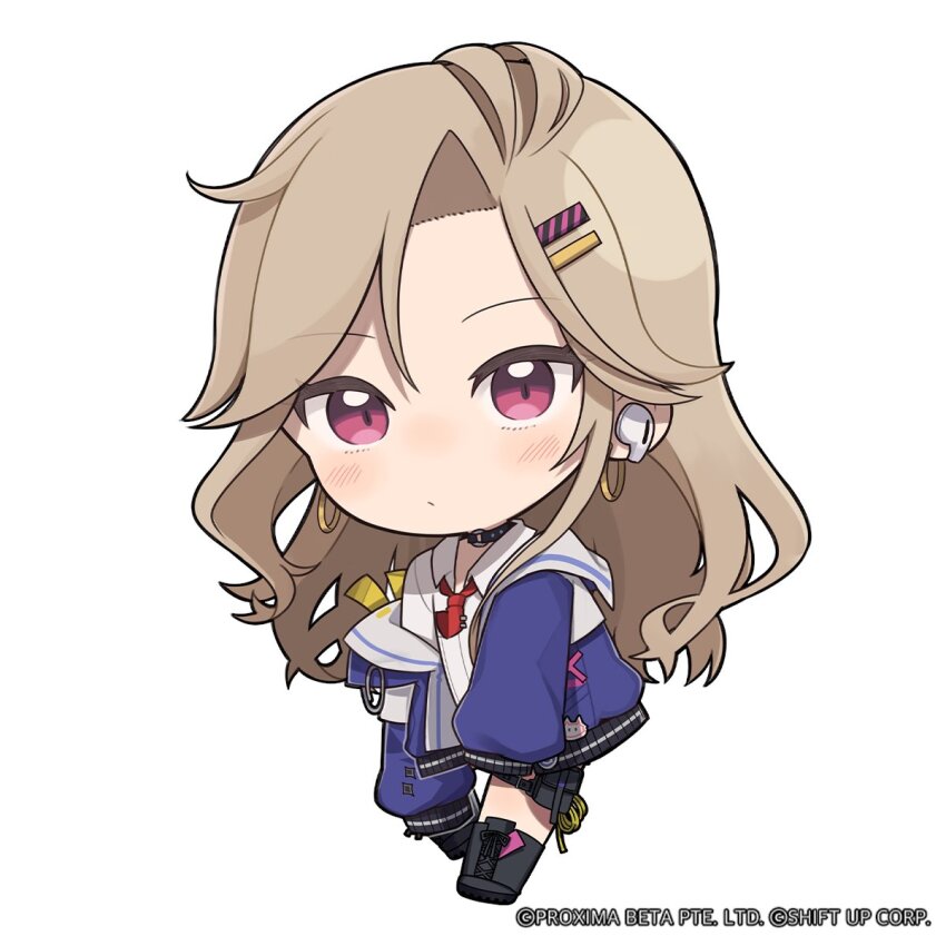 1girl, black_boots, blush, boots, chibi, closed_mouth, collared_shirt, commentary