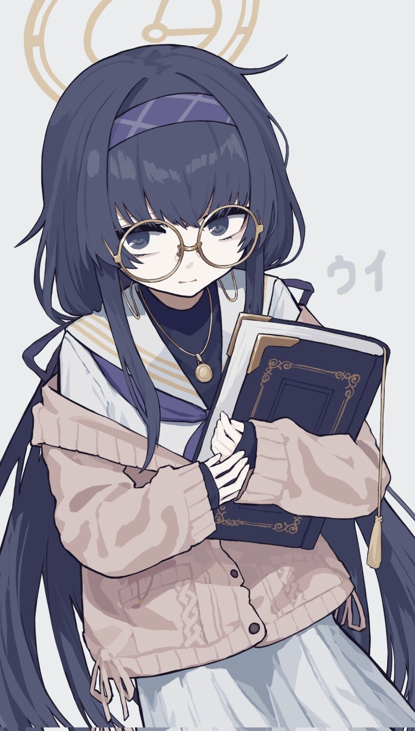 1girl, aliasing, blue_archive, blue_hair, blue_hairband, blue_neckerchief, book, cardigan