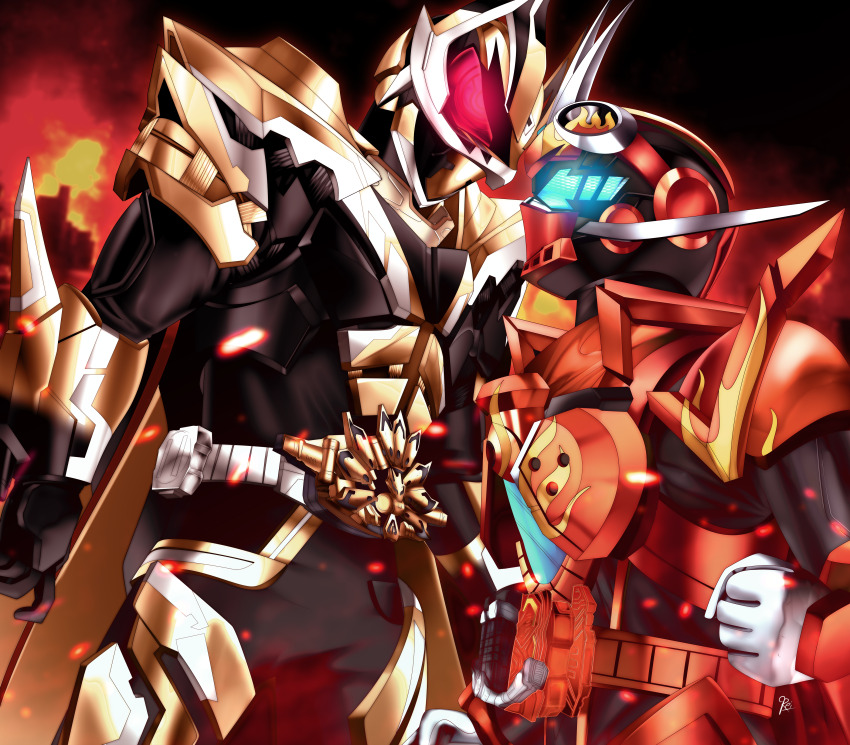 2024, 20s, 2boys, absurdres, adk-em, alchemist, alchemy, armor, bandai, bandai_namco, bug, desire_driver, fire, gauntlets, gotcha_driver, gotcha_driver_(daybreak), grasshopper, highres, insect, ishimori_prod, kamen_rider, kamen_rider_dooms_geats, kamen_rider_geats, kamen_rider_geats:_jyamato_awaking, kamen_rider_geats_(series), kamen_rider_gotchard, kamen_rider_gotchard_(series), kamen_rider_gotchard_daybreak, looking_at_another, multiple_boys, reiei_8, reiwa, signature, toei_company, tokusatsu, train, tv_asahi