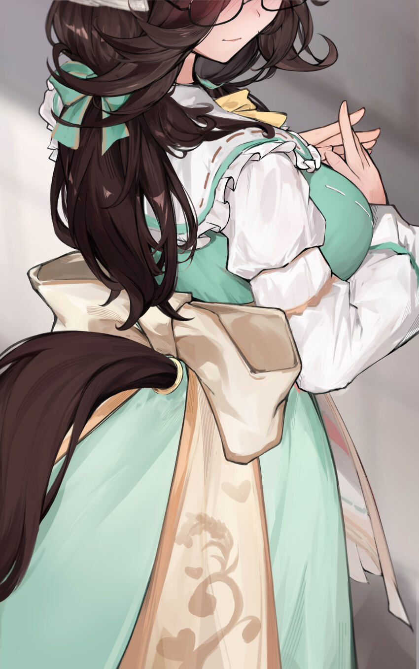 1girl, absurdres, alternate_breast_size, alternate_costume, bespectacled, blush, breasts, brown_hair, closed_mouth, commentary_request, dress, eyes_out_of_frame, glasses, green_dress, head_out_of_frame, hermityy, highres, horse_girl, horse_tail, large_breasts, long_hair, long_sleeves, looking_at_viewer, rice_shower_(umamusume), rice_shower_(yummy_dreamy_fairy)_(umamusume), smile, solo, tail, umamusume